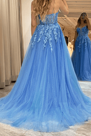 Bateau Spaghetti Straps Appliques Tulle A-Line Prom Dress