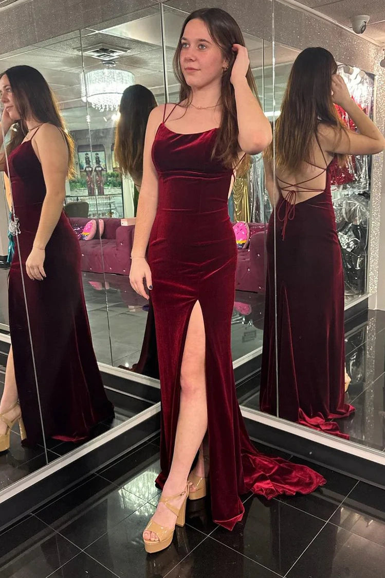 Bateau Spaghetti Straps Burgundy Velvet Party Prom Dress