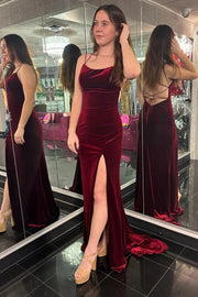 Bateau Spaghetti Straps Burgundy Velvet Party Prom Dress