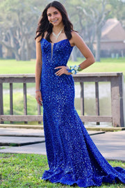 Bateau Spaghetti Straps Empire Sequins Mermaid Prom Dress