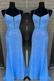 Bateau Spaghetti Straps Empire Sequins Mermaid Prom Dress