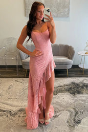 Bateau Spaghetti Straps Lace Long Party Prom Dress With Train