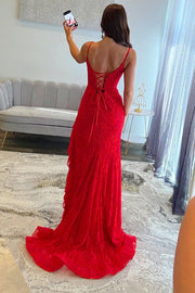 Bateau Spaghetti Straps Lace Long Party Prom Dress With Train