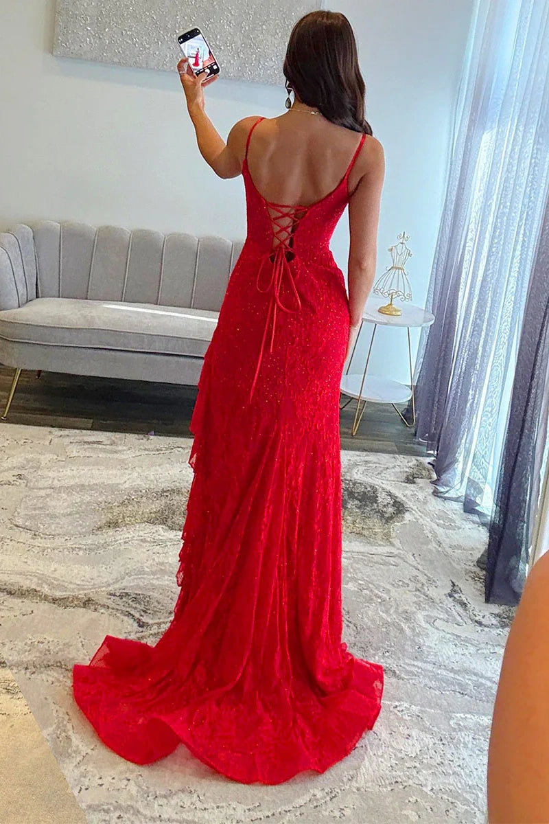 Bateau Spaghetti Straps Lace Long Party Prom Dress With Train