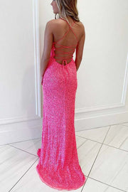 Bateau Spaghetti Straps Lace Up Glitter Prom Dress