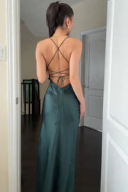 Bateau Spaghetti Straps Lace Up Party Prom Dress With High Slit 