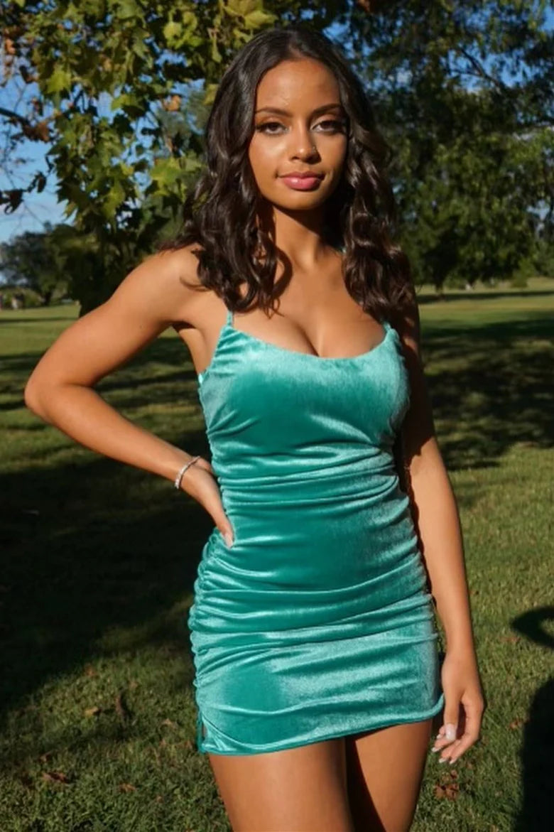Bateau Spaghetti Straps Lace Up Velvet Homecoming Dress Picture Color / US 16 Bateau Spaghetti Straps Lace Up Velvet Homecoming Dress Picture Color / US 16
