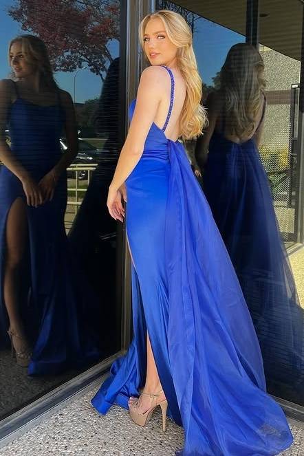 Bateau Spaghetti Straps Mermaid Prom Dress With Tulle Train