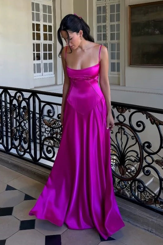 Bateau Spaghetti Straps Satin A-Line Long Party Prom Dress