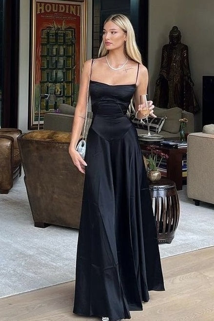 Bateau Spaghetti Straps Satin A-Line Long Party Prom Dress