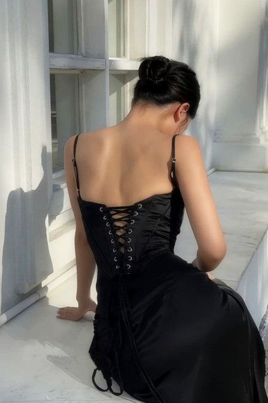 Bateau Spaghetti Straps Satin A-Line Long Party Prom Dress