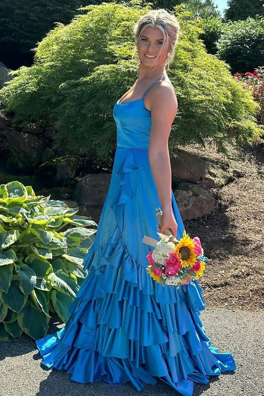 Bateau Spaghetti Straps Tiered Satin Party Prom Dress