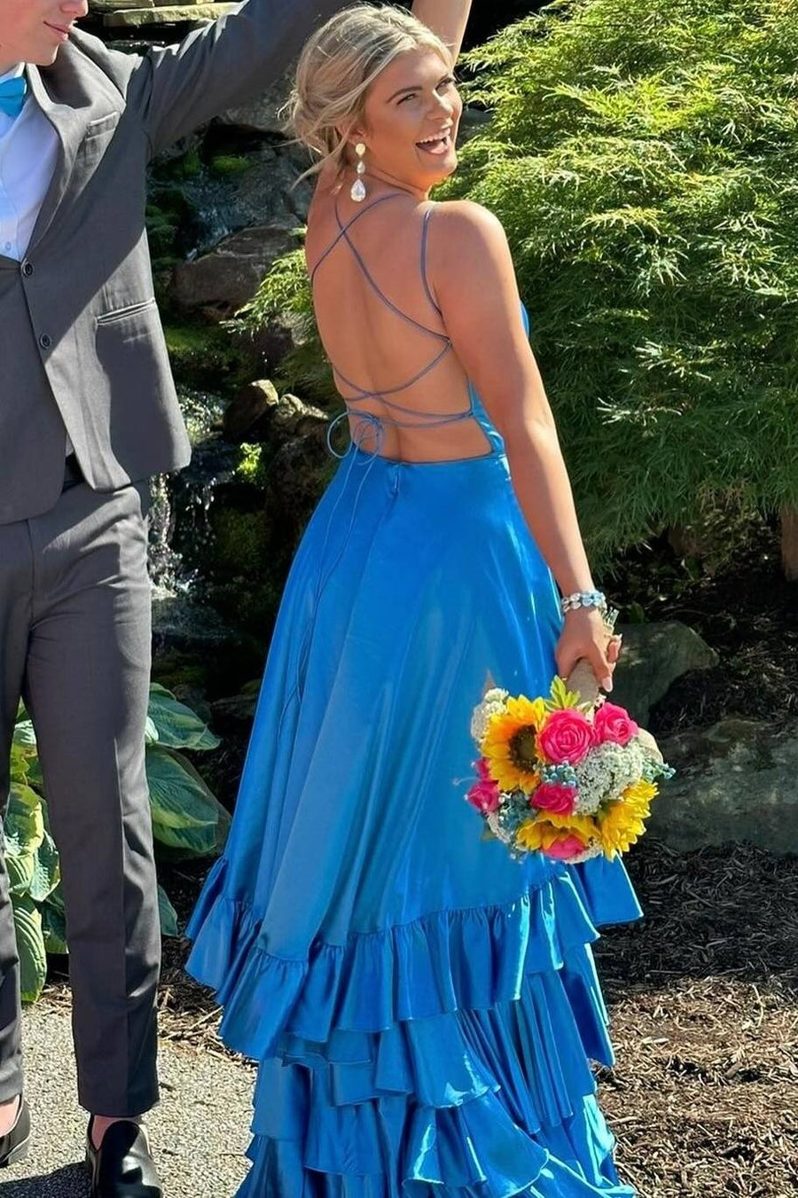 Bateau Spaghetti Straps Tiered Satin Party Prom Dress