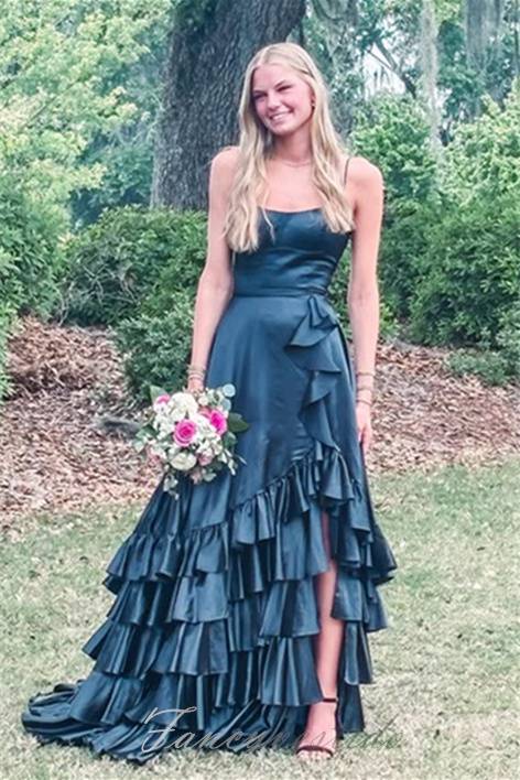 Bateau Spaghetti Straps Tiered Satin Party Prom Dress