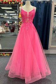 Bateau Spaghetti Straps Tulle A-Line Appliques Prom Party Dress