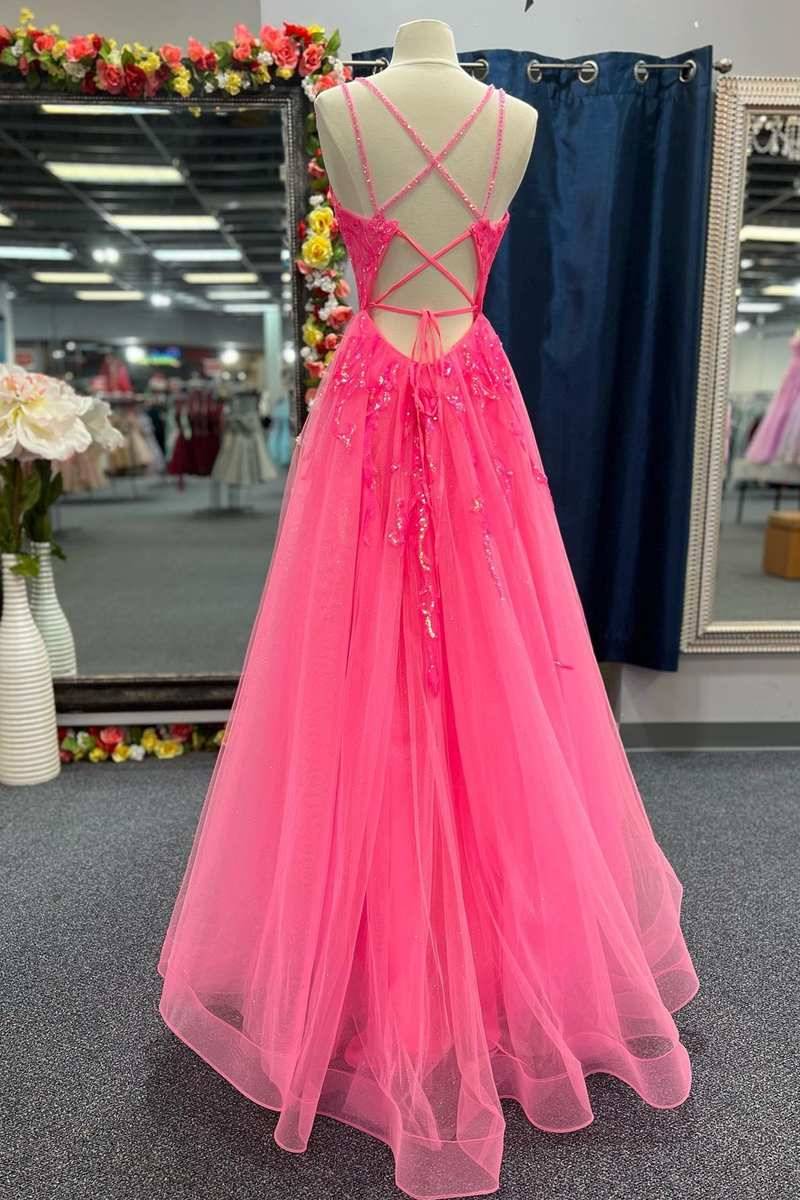 Bateau Spaghetti Straps Tulle A-Line Appliques Prom Party Dress