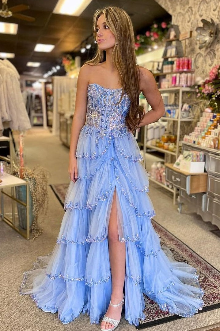 Bateau Strapless A-Line Empire Appliques Tiered Party Prom Dress