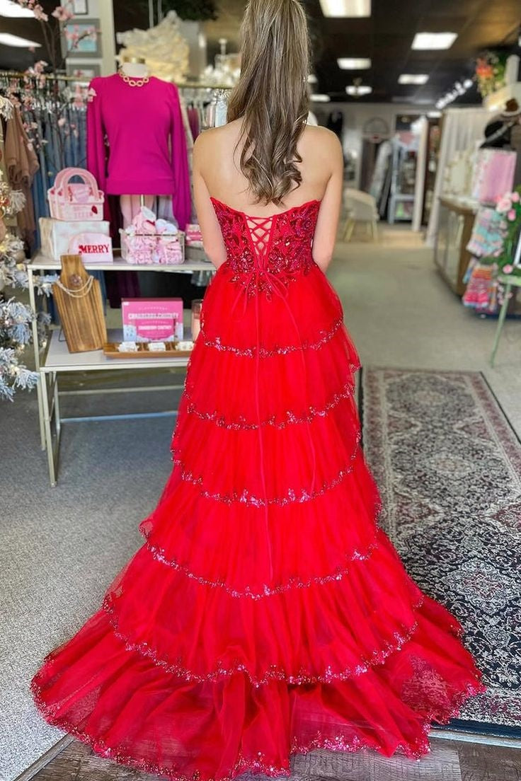 Bateau Strapless A-Line Empire Appliques Tiered Party Prom Dress