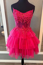 Bateau Strapless A-Line Empire Lace Appliques Tiered Homecoming Dress