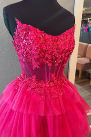 Bateau Strapless A-Line Empire Lace Appliques Tiered Homecoming Dress