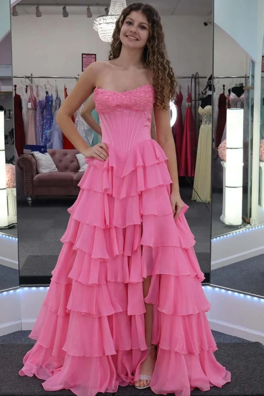 Bateau Strapless A-Line Lace Up Chiffon Party Prom Dress