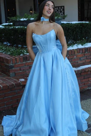 Bateau Strapless A-Line Satin Party Prom Dress With Pockets