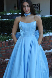 Bateau Strapless A-Line Satin Party Prom Dress With Pockets