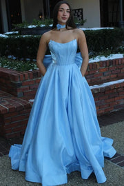 Bateau Strapless A-Line Satin Party Prom Dress With Pockets