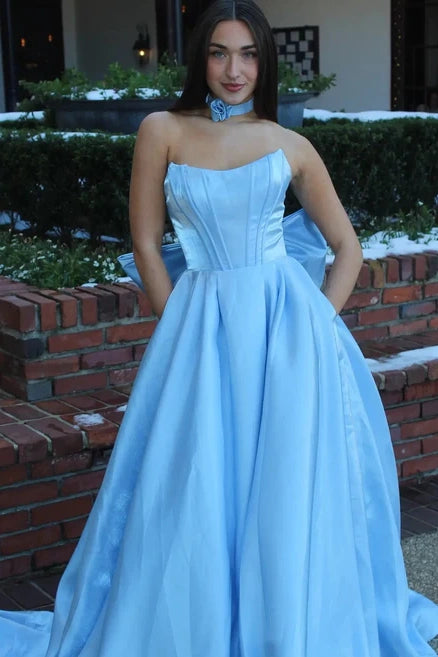 Bateau Strapless A-Line Satin Party Prom Dress With Pockets