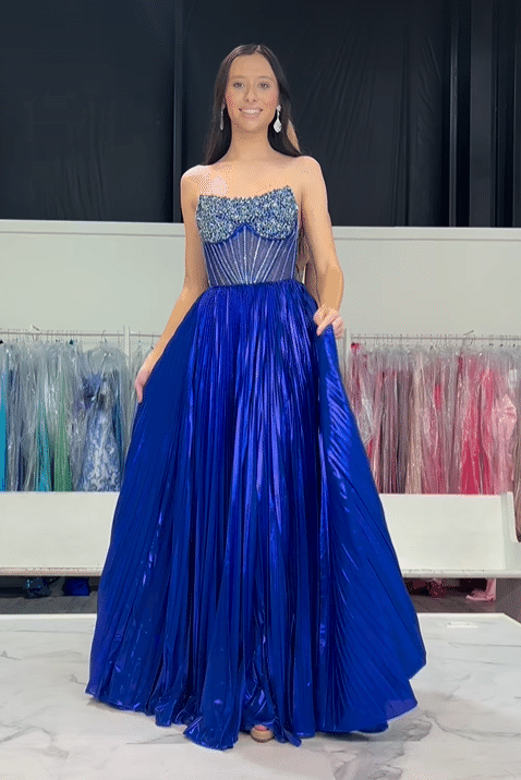 Bateau Strapless A-Line Sheer Empire Beaded Party Prom Dress