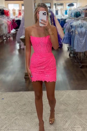 Bateau Strapless Bodycon Fully Lace Short Homecoming Dress