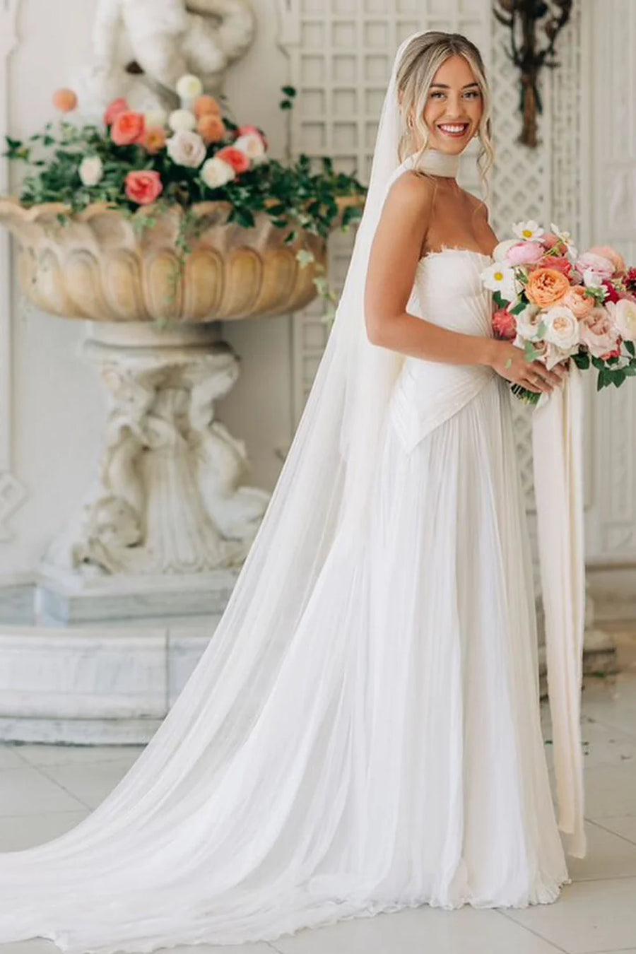Bateau Strapless Empire A-Line Two Tone Summer Wedding Dress White / US 6 Bateau Strapless Empire A-Line Two Tone Summer Wedding Dress White / US 6