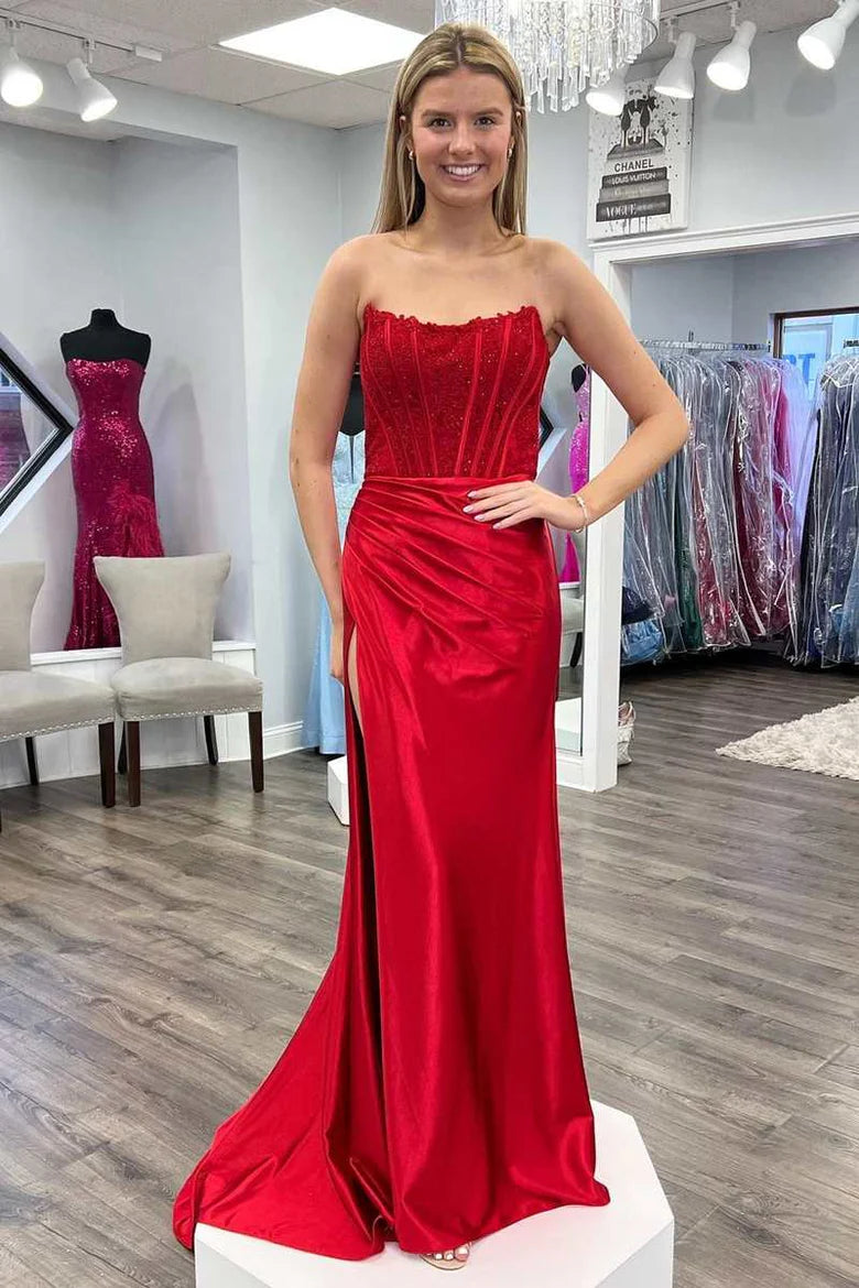 Bateau Strapless Empire Lace Appliques With Side Slit Prom Dress