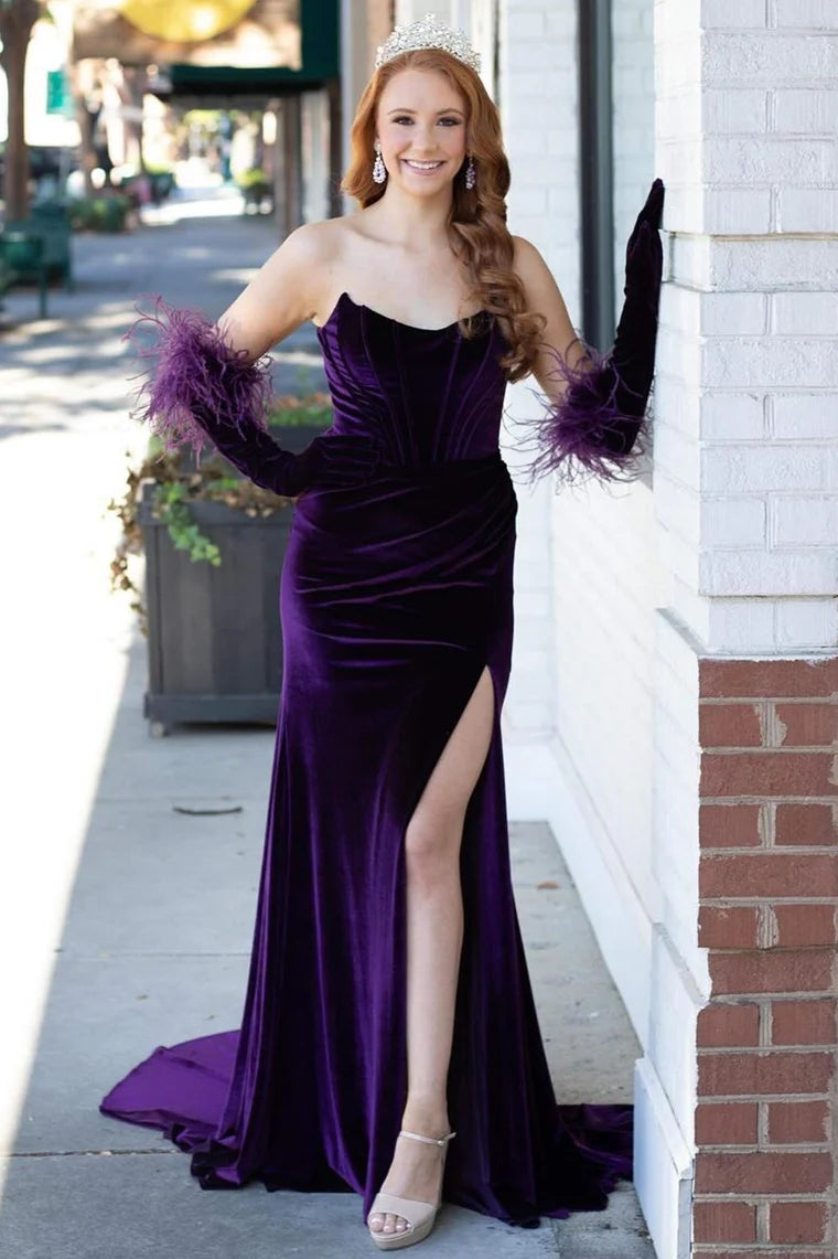 Bateau Strapless Empire Ruched Mermaid Velvet Formal Prom Dress