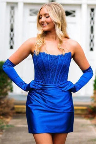 Bateau Strapless Empire Satin Fitted Lace Appliques Homecoming Dress Royal Blue / US 4 Bateau Strapless Empire Satin Fitted Lace Appliques Homecoming Dress Royal Blue / US 4