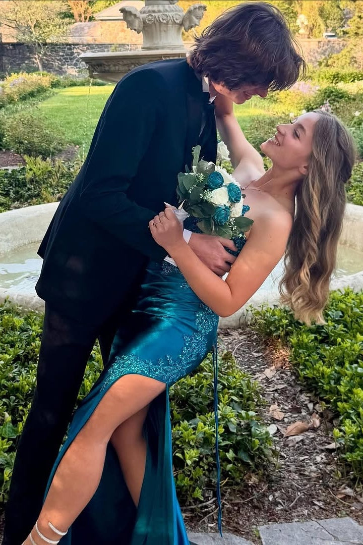 Bateau Strapless Fitted Empire Lace Appliques Party Prom Dress