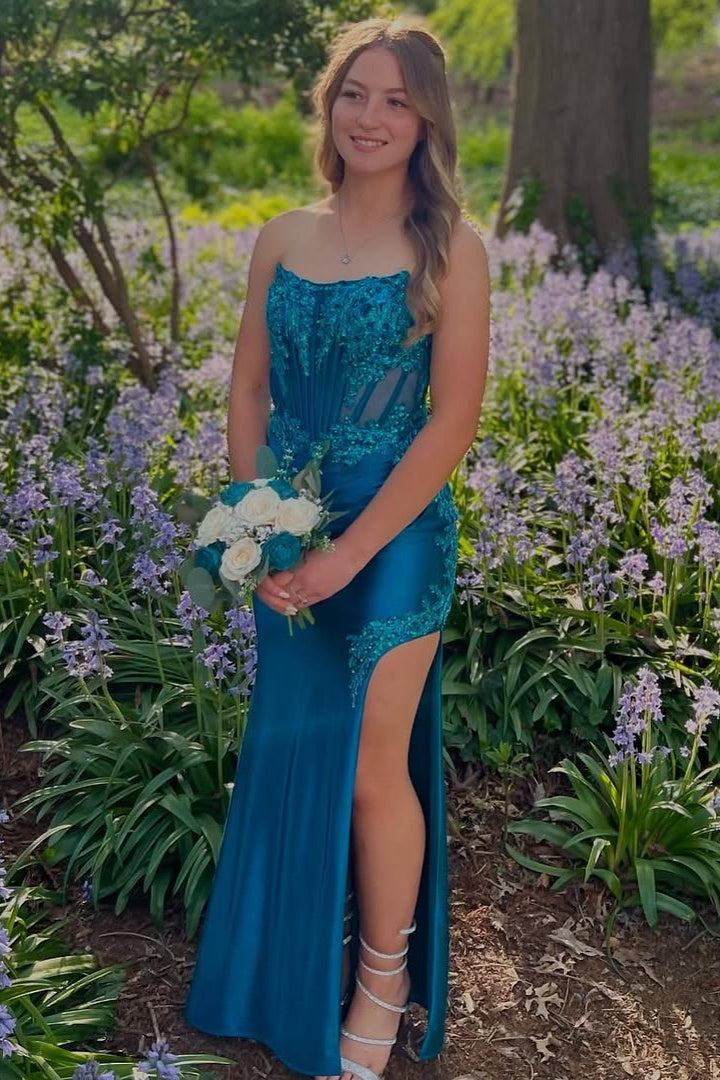 Bateau Strapless Fitted Empire Lace Appliques Party Prom Dress