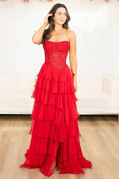 Bateau Strapless Lace And Chiffon A-Line Tiered Party Prom Dress