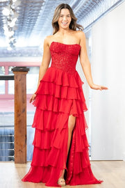 Bateau Strapless Lace And Chiffon A-Line Tiered Party Prom Dress