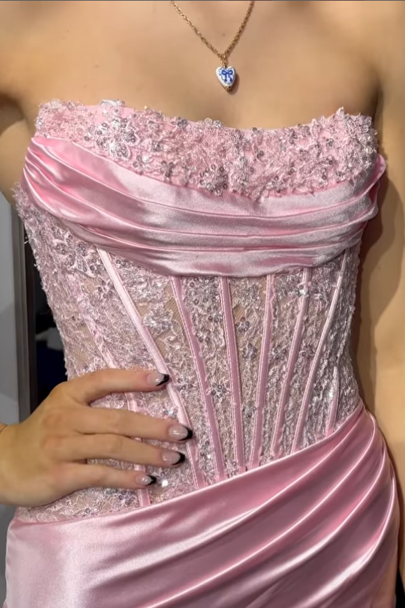 Bateau Strapless Lace Appliques Mermaid Party Prom Dress