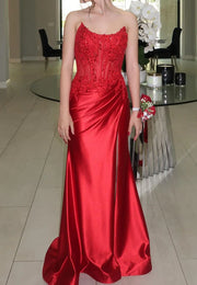 Bateau Strapless Lace Appliques Satin Party Prom Dress