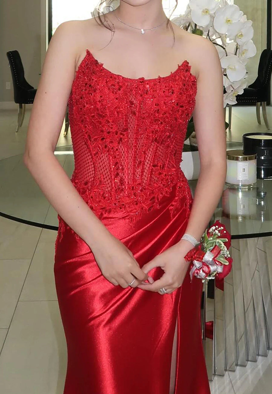 Bateau Strapless Lace Appliques Satin Party Prom Dress