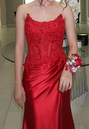 Bateau Strapless Lace Appliques Satin Party Prom Dress