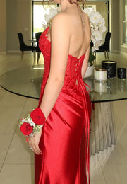 Bateau Strapless Lace Appliques Satin Party Prom Dress