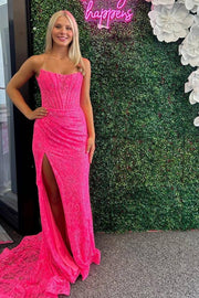 Bateau Strapless Lace Mermaid Prom Dress With Train