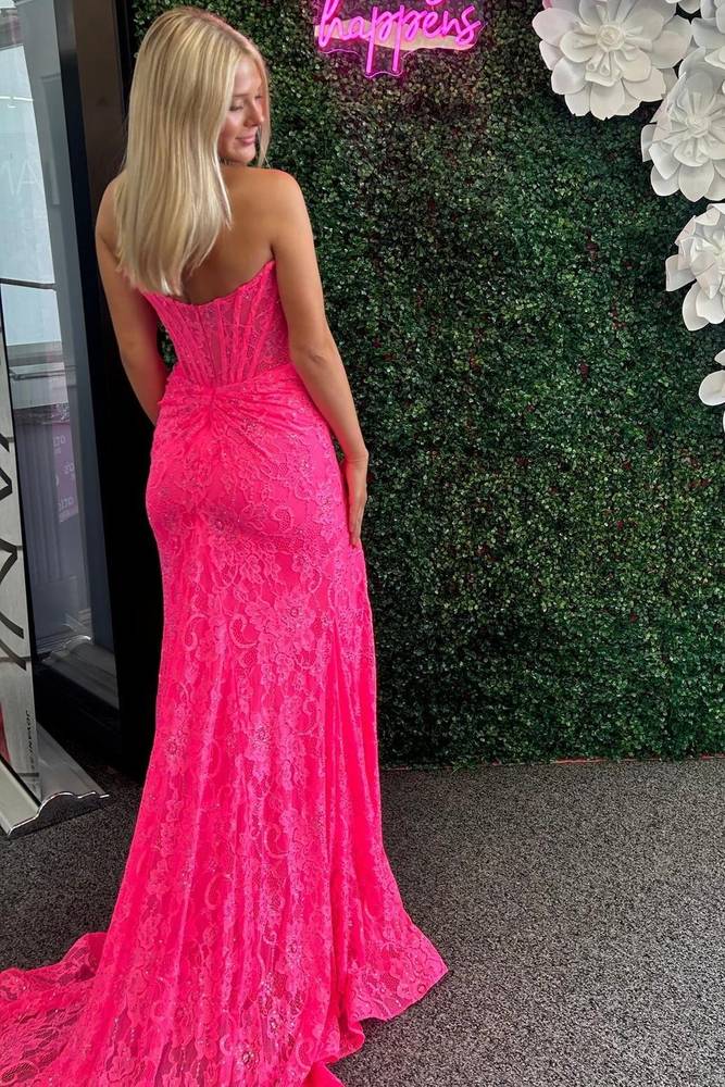 Bateau Strapless Lace Mermaid Prom Dress With Train