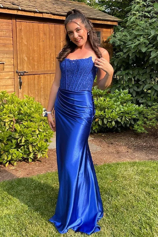 Bateau Strapless Lace Top Satin Mermaid Prom Party Dress