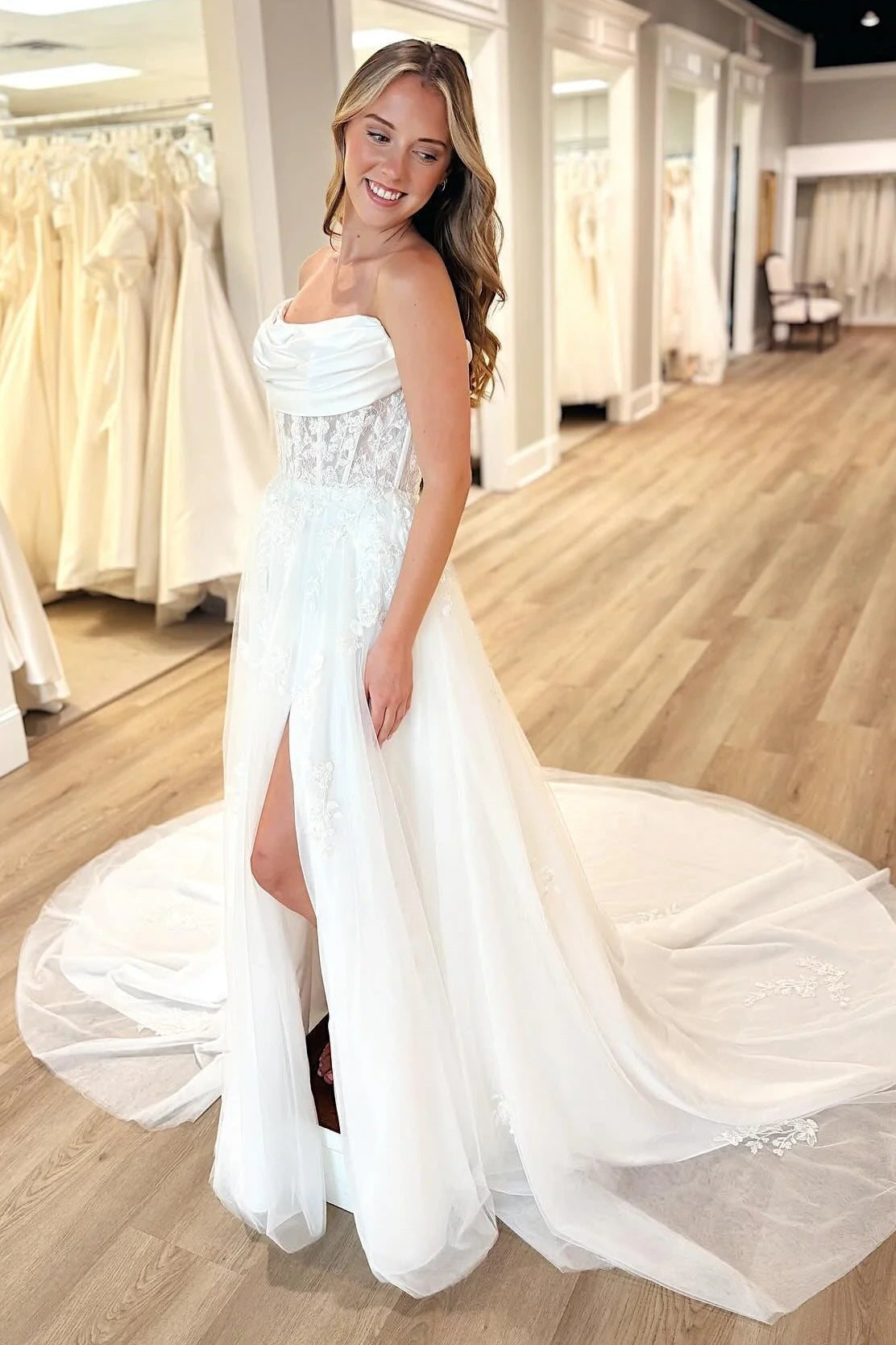 Bateau Strapless Lace Top Tulle A-Line Wedding Dress