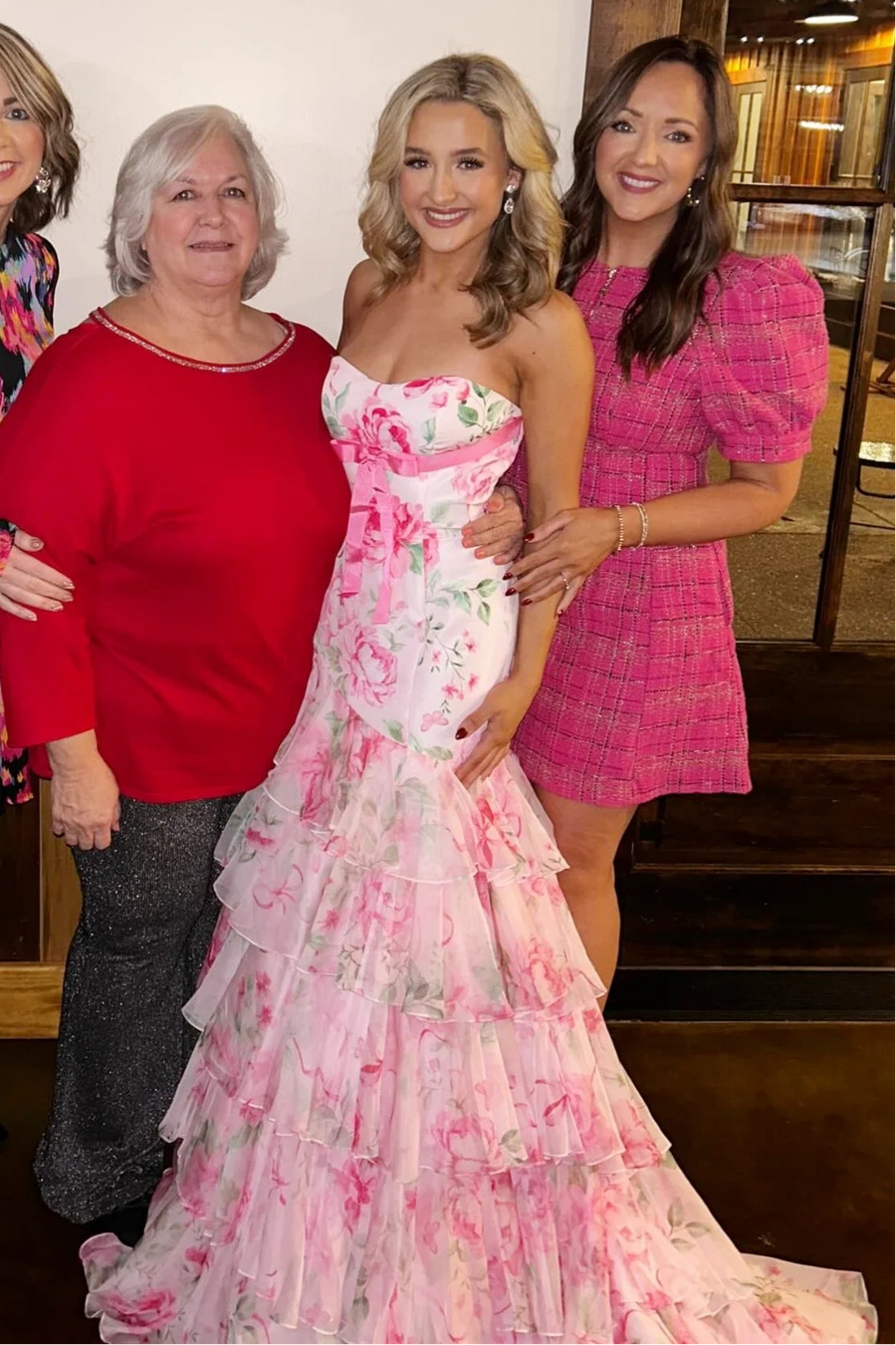 Bateau Strapless Mermaid Chiffon Tiered Floral Prom Dress