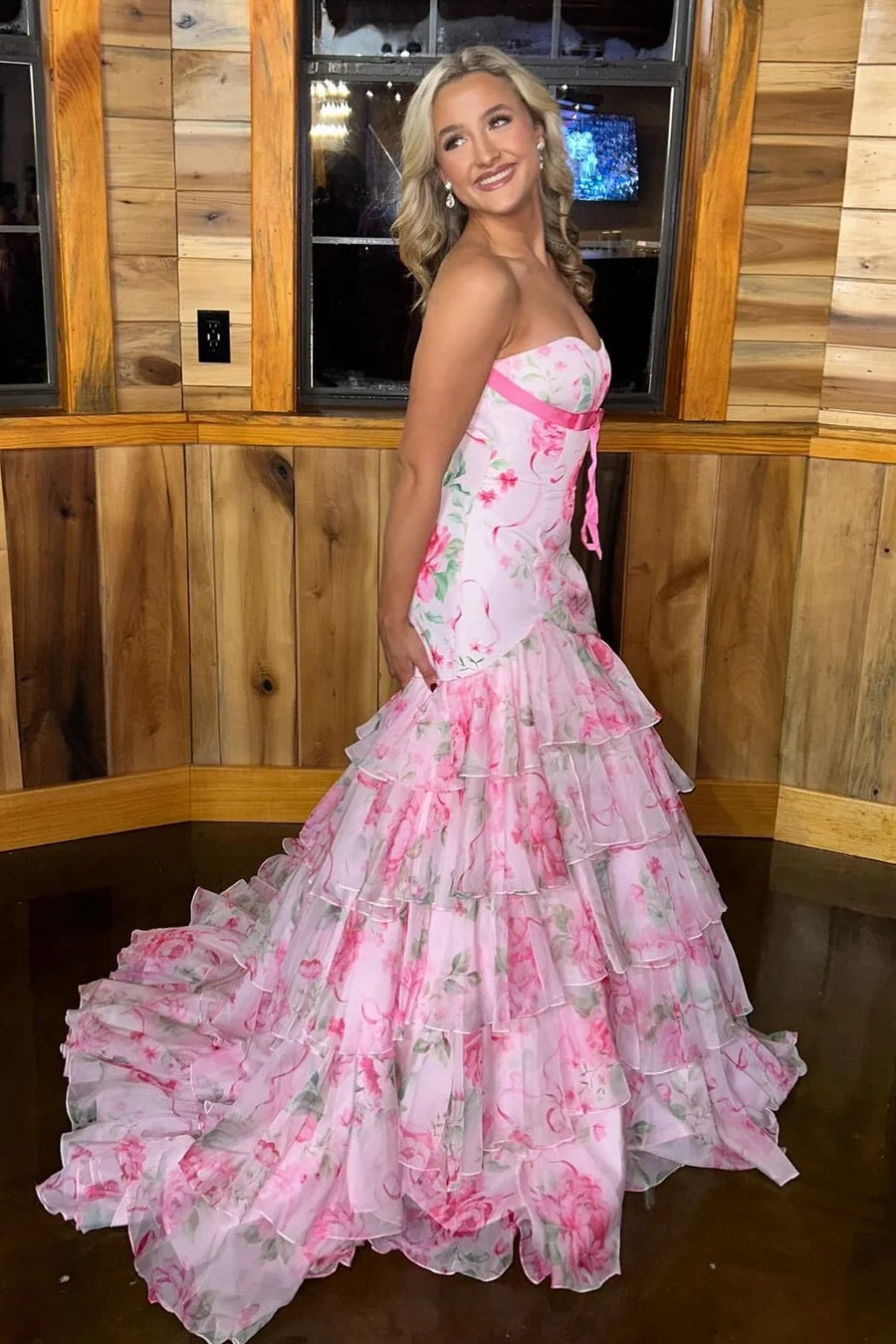 Bateau Strapless Mermaid Chiffon Tiered Floral Prom Dress